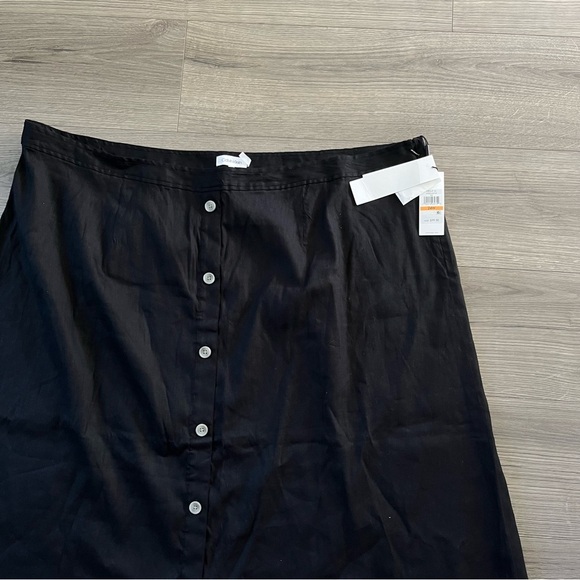 New Calvin Klein Womens Black Button Front Midi Black Linen Blend Skirt Size 24W - Picture 2 of 9